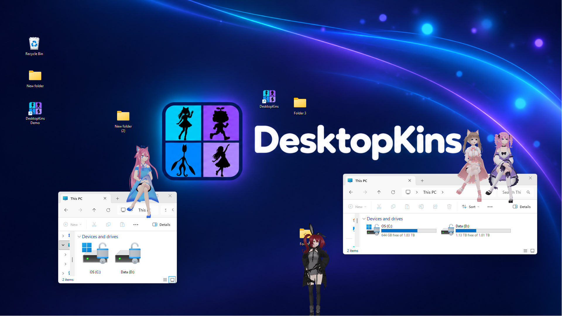 Four DesktopKins avatars relaxing on a real Windows desktop, with three sitting on File Explorer windows